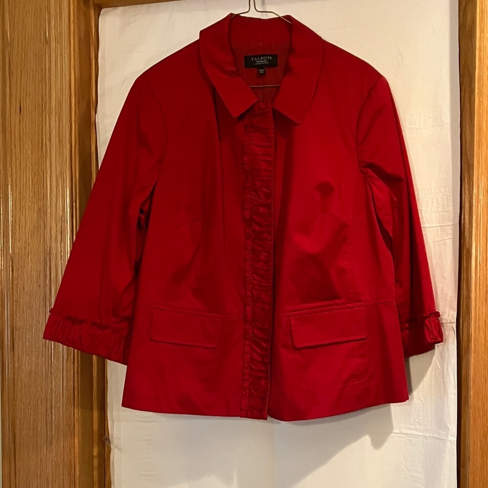 Talbots Women’s Red 3/4 Sleeve HiddenSnap Front 16WP Ruffle Hem Blazer-Jacket